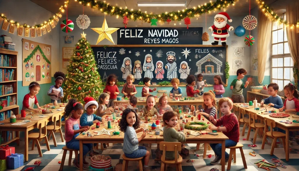 escolares realizando actividades de navidad en el aula