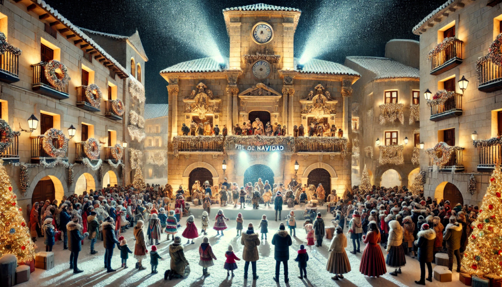 Nevada artificial en un pregón de Navidad con iluminación festiva.